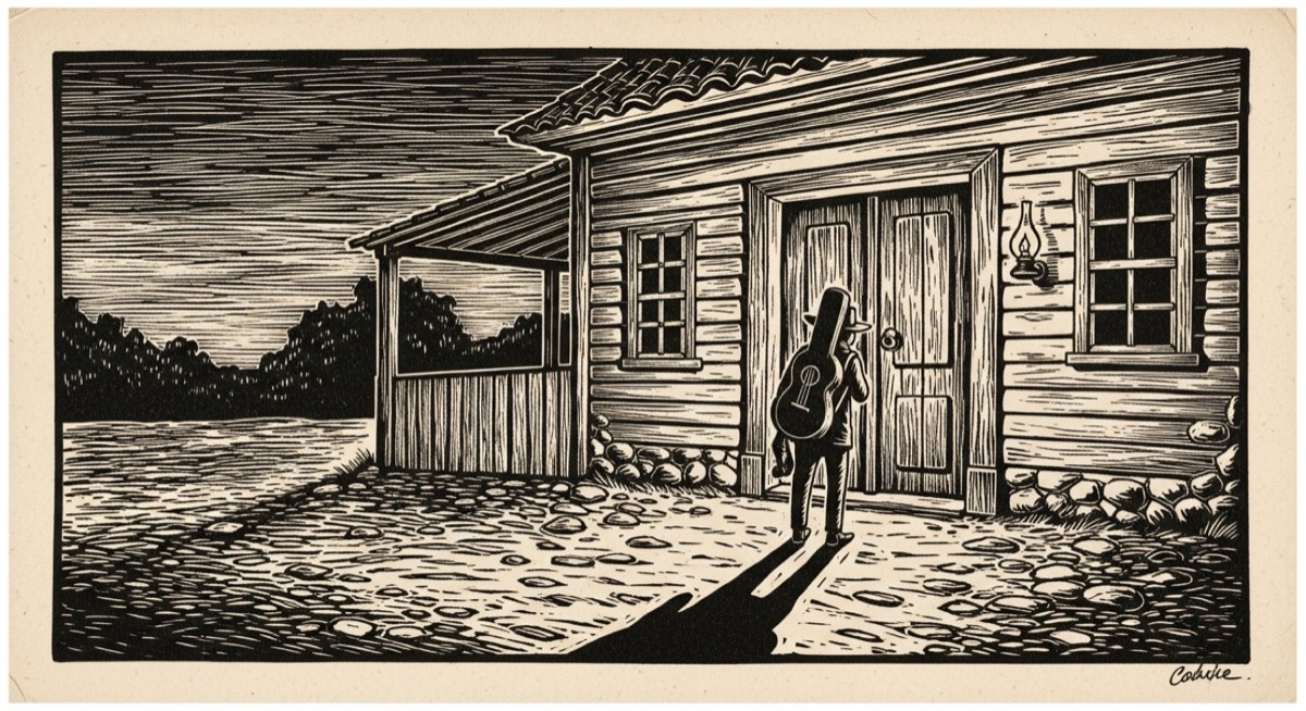 Xilogravura: o violeiro parado diante da porta alta da casa-grande ao entardecer, sombra comprida no chão