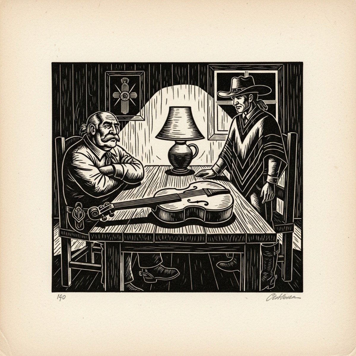 Xilogravura: a viola deitada sobre a mesa entre o coronel de braços cruzados e o violeiro em pé, à luz de lamparina