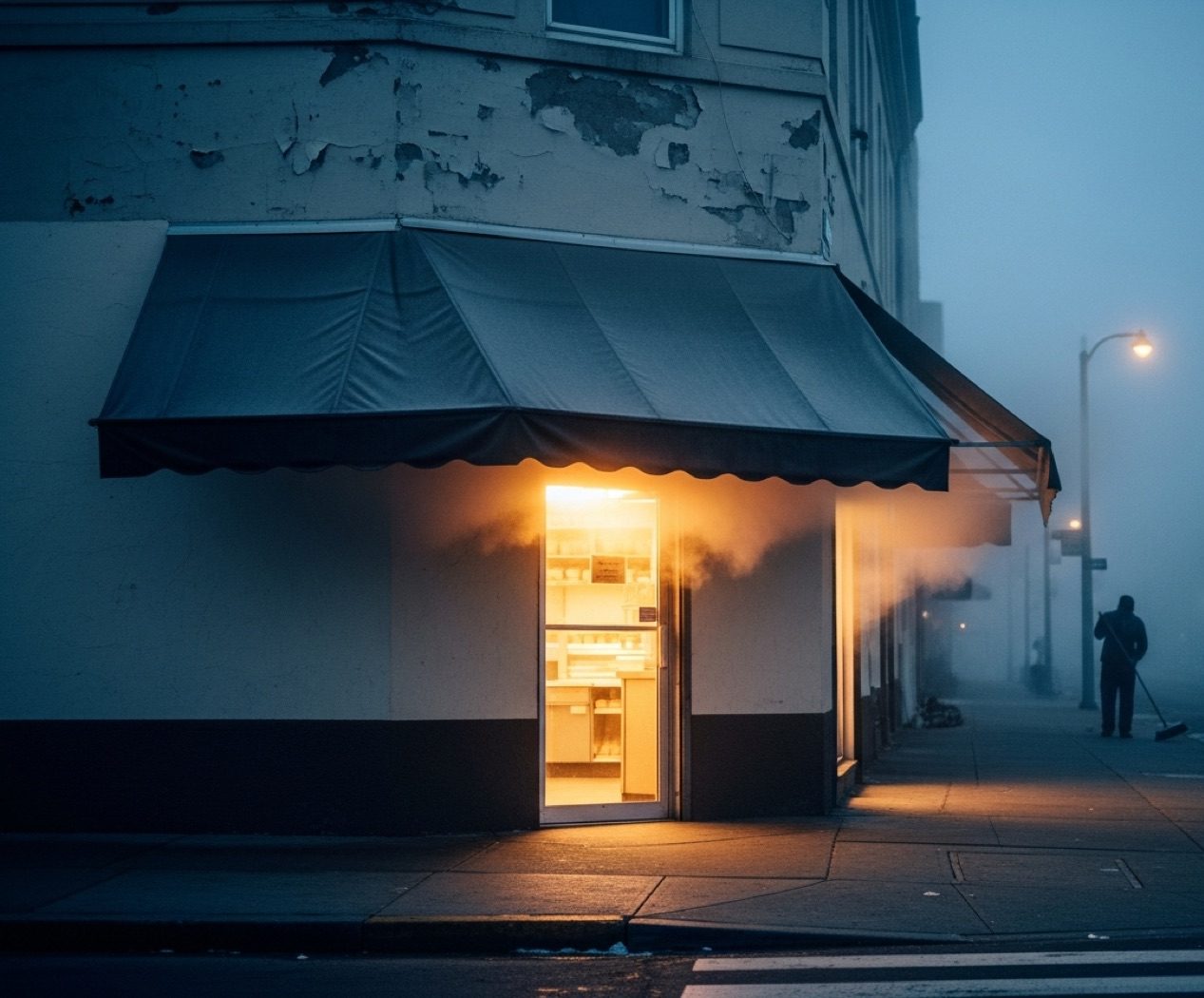 Porta de padaria acesa soltando vapor na madrugada azul e fria, gari ao fundo varrendo sob o poste