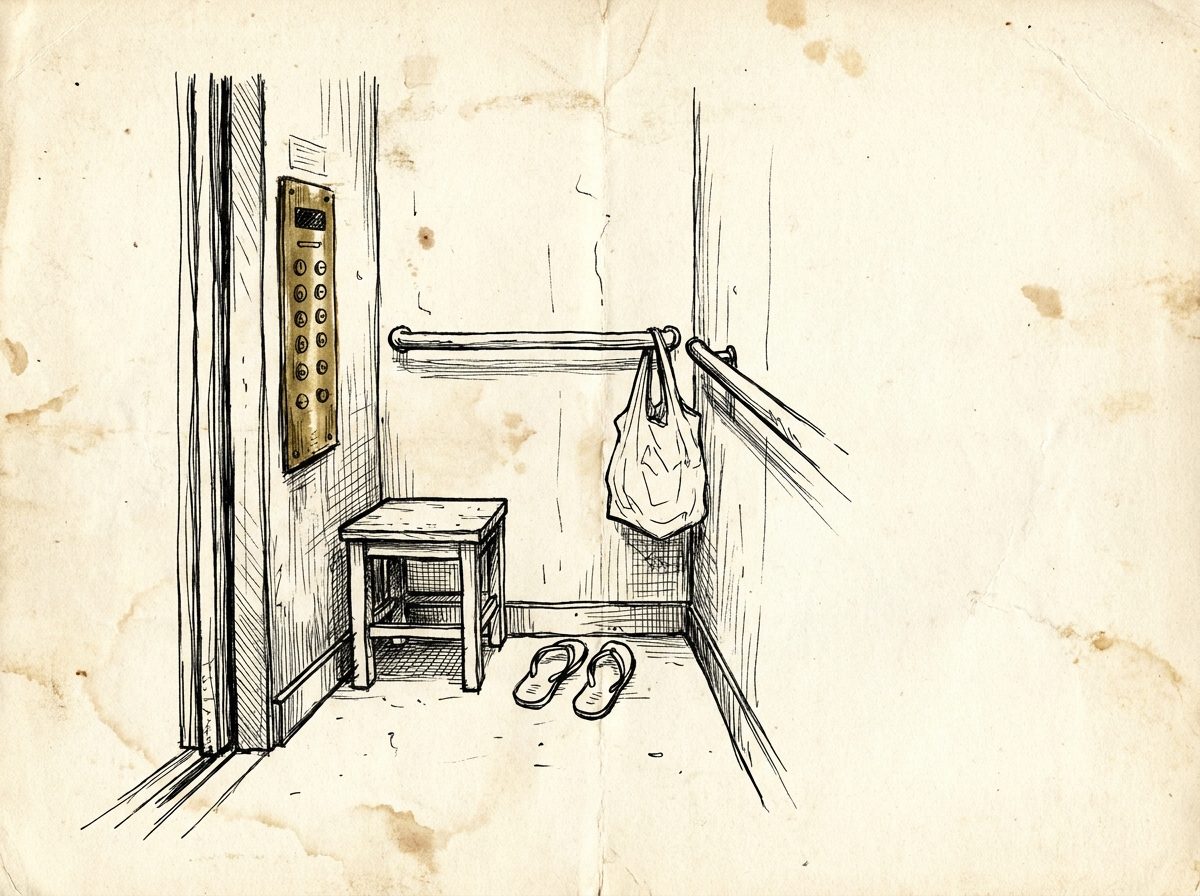 Desenho a nanquim do interior de um elevador comercial antigo: painel de botões surrado, banquinho de madeira, sacola plástica pendurada no corrimão e chinelos de borracha embaixo do banco