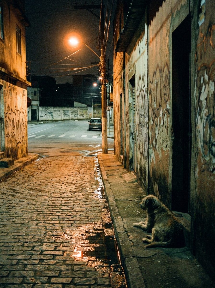 Beco escuro com chão molhado e luz de poste laranja ao fundo