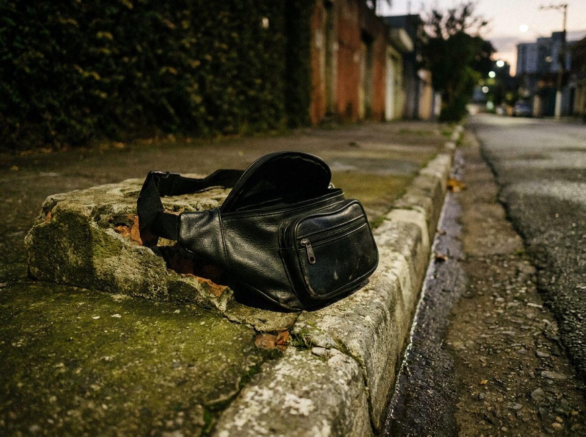 Pochete preta amassada e aberta sobre bloco de concreto