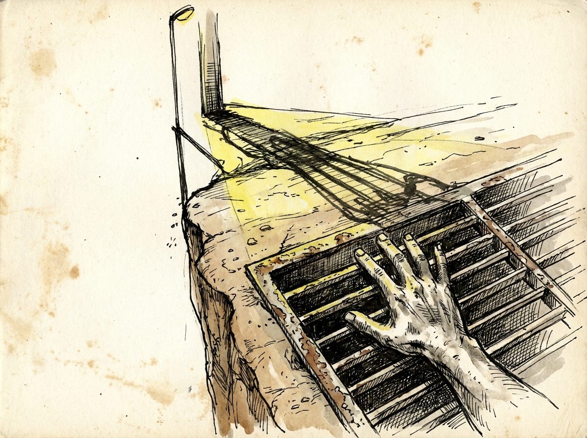 Mão espalmada sobre grade de metal enferrujada iluminada por poste amarelo, sombra longa no chão de terra batida