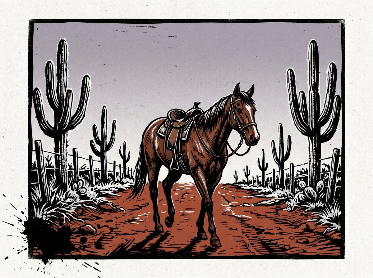 Xilogravura splash: cavalo bayo sem cavaleiro, arreios vazios, caminhando sozinho por estrada de terra vermelha entre mandacarus brancos de geada, céu cinza-lilás do amanhecer