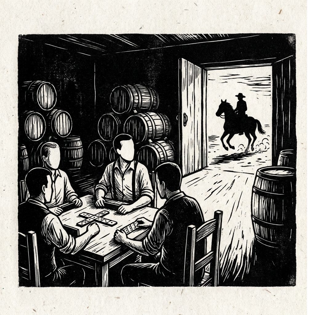 Xilogravura: interior escuro de bodega, barris empilhados, homens jogando dominó pausam a partida ao ouvir o trote do cavalo na rua de terra
