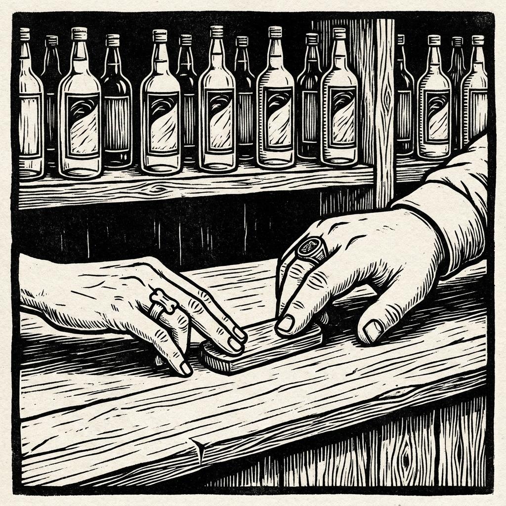 Xilogravura: garrafas de cachaça enfileiradas sobre prateleira rústica, mãos — uma magra com anel de osso, uma gorda com sinete — deslizando uma ficha de madeira entre si sobre o balcão