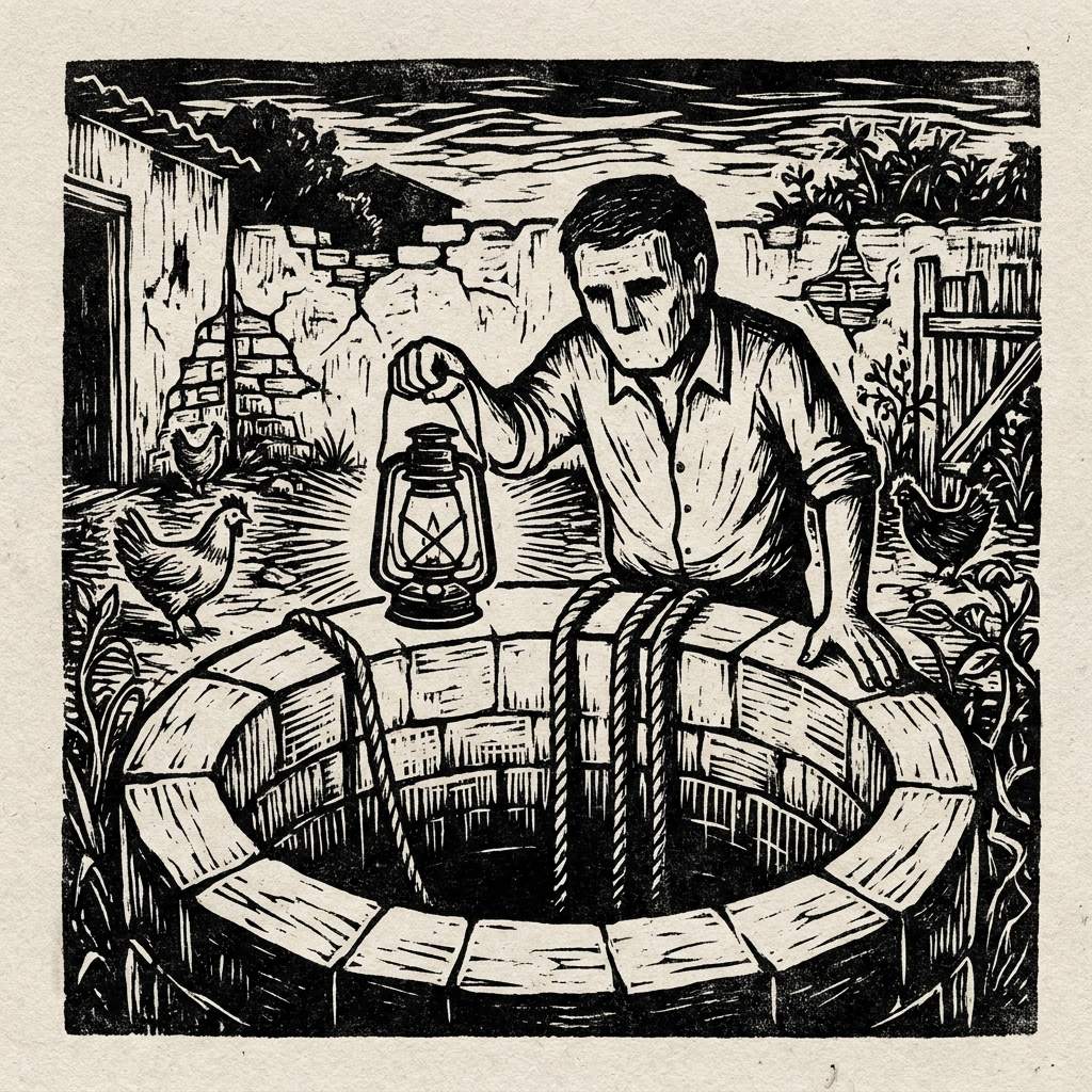 Xilogravura: fundo de quintal, um poço de boca larga, cordas descendo para a escuridão, El Paraguaio debruçado com lanterna de querosene iluminando a descida