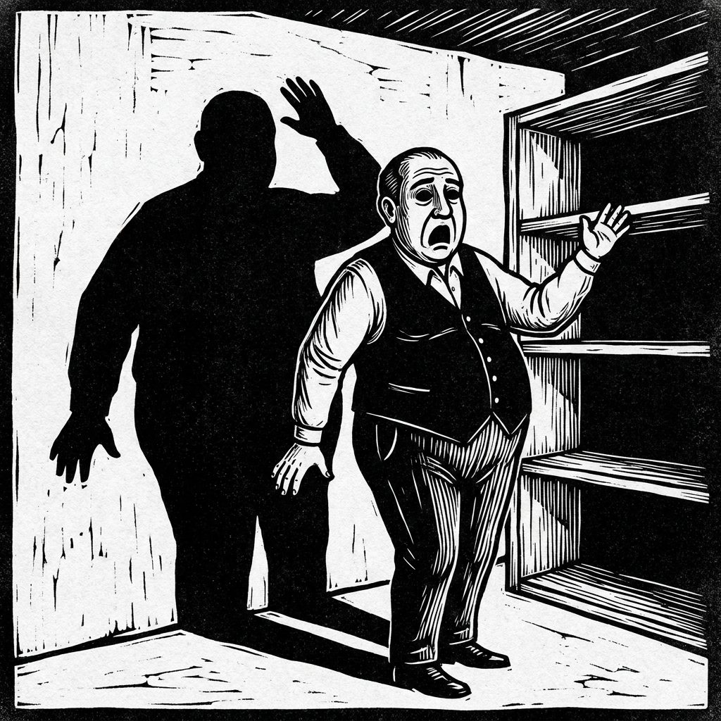Xilogravura: o homem gordo de colete descobre a prateleira vazia, boca aberta, mão no ar, sombra enorme projetada na parede de cal