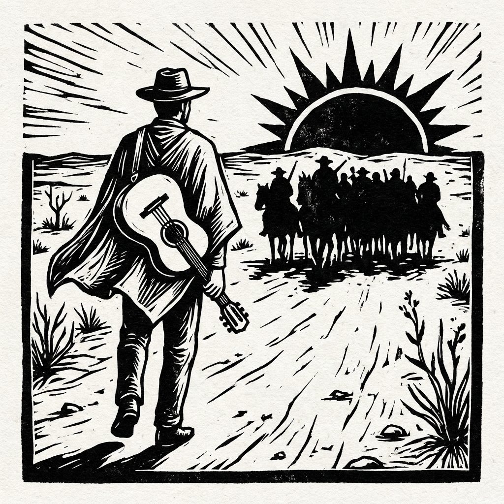Xilogravura: El Paraguaio na estrada ao alvorecer, de costas, poncho ao vento, viola a tiracolo, a mancha escura de um grupo de jagunços a cavalo no horizon da caatinga à sua frente
