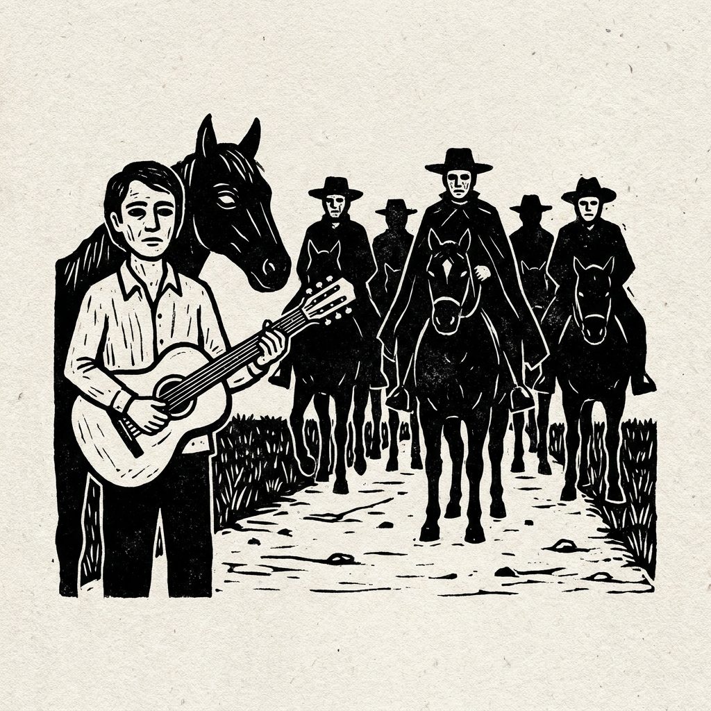 Xilogravura: o cavalo bayo, que veio sem dono, aparece ao lado do violeiro, focinho encostando no ombro dele, os dois diante do grupo de cavaleiros que fecha a estrada