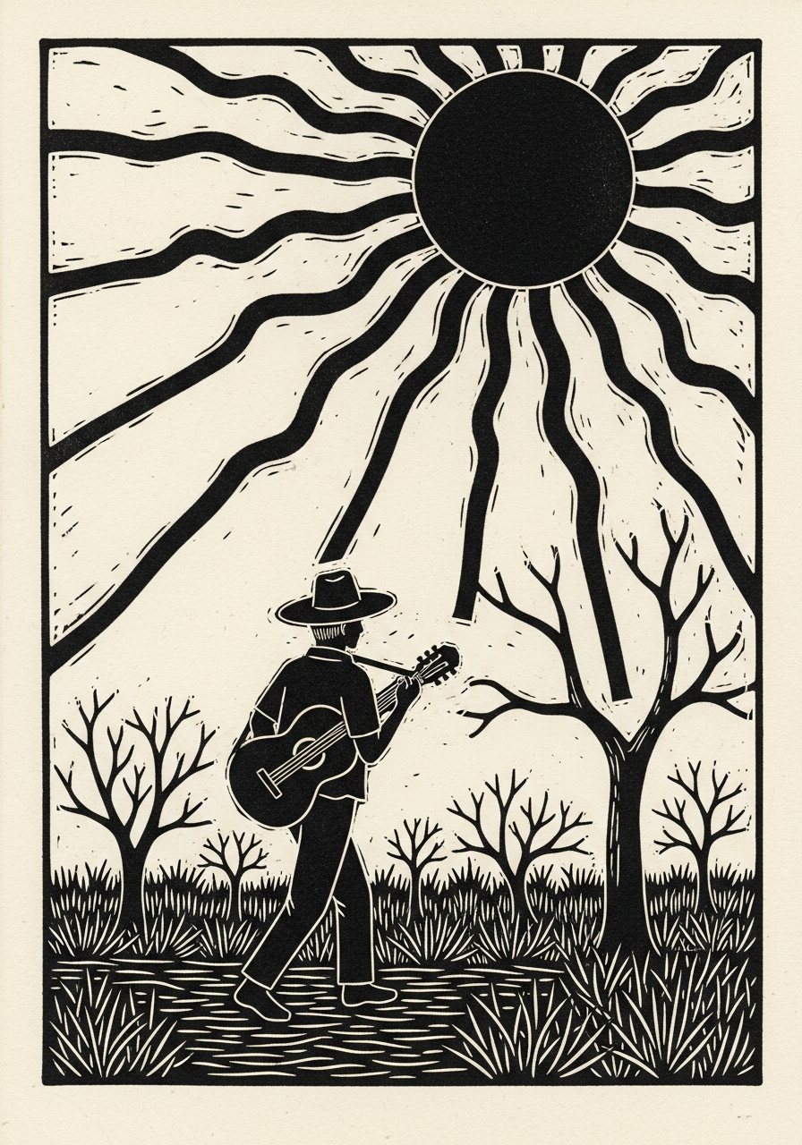Xilogravura: o violeiro no sertão sob o sol