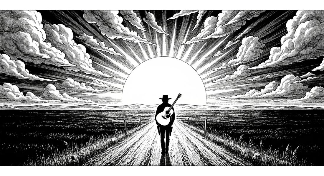 O homem some na estrada contra o sol
