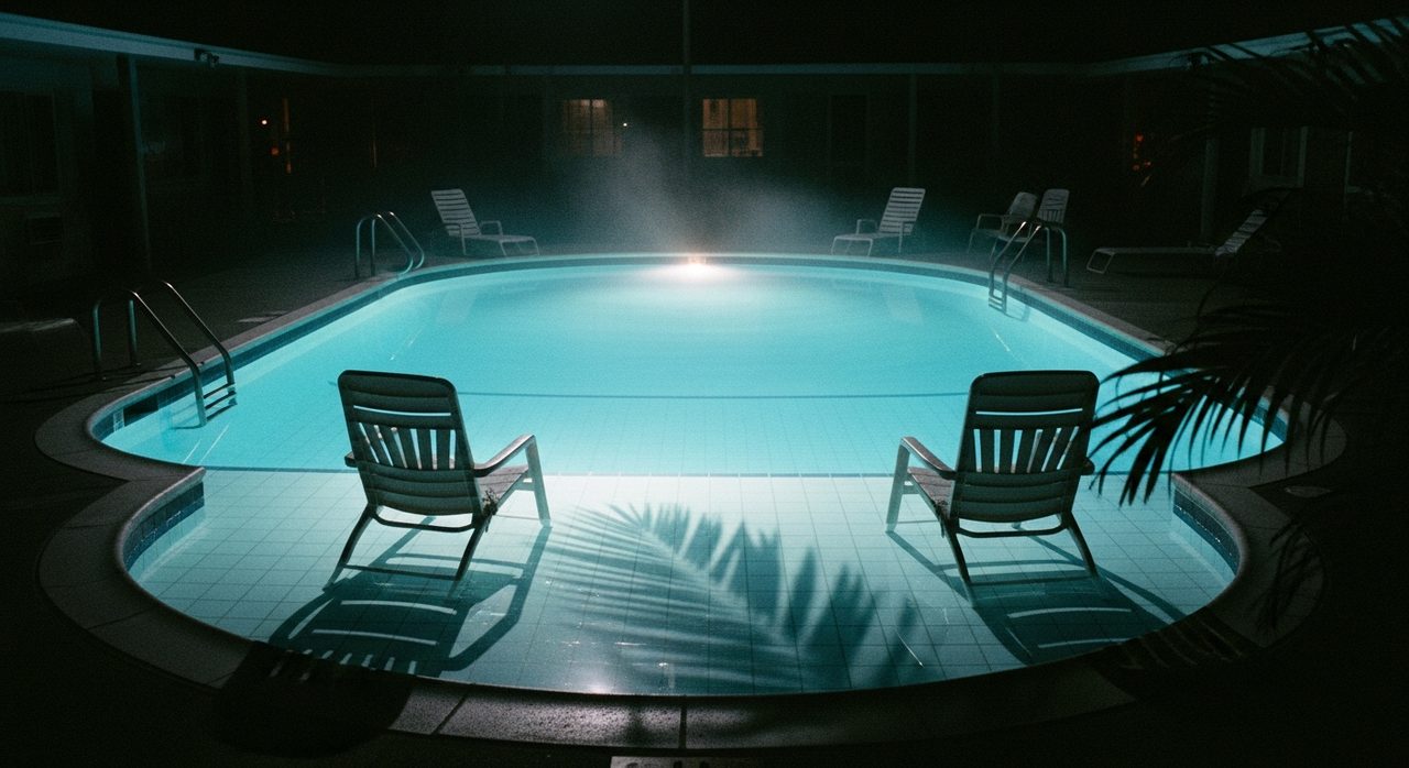 Piscina de motel vazia à noite